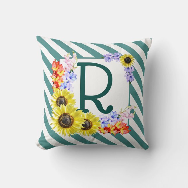 Coussin Monogramme de tournesol Rayures Turquoises (Recto)