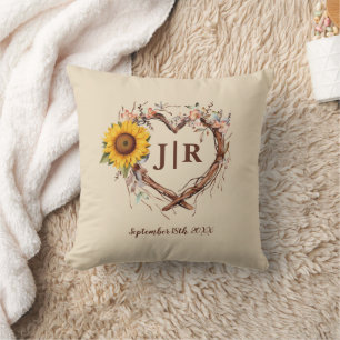Coussin Monogramme de tournesol rustique Mariage Jeu d'ore