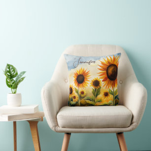 Coussin Monogramme de tournesols aquarelle Whimsical Rusti