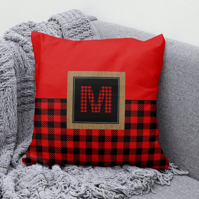 Coussin Monogramme de vérification de En vichy de bisons r (Red and Black Buffalo Check Monogram Pillow )