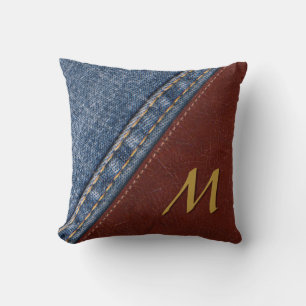 Coussin Monogramme Denim et cuir