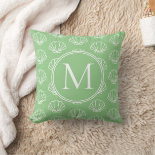 Coussin Monogramme des coquilles de pétoncle vert et blanc