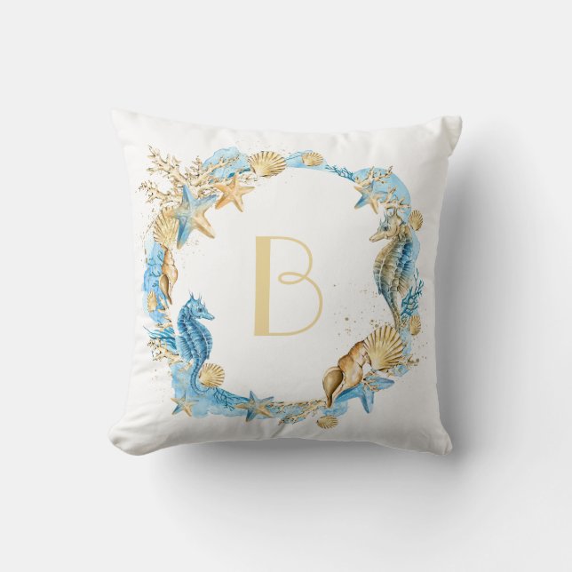 Coussin Monogramme d'hippocampe de mer et de plage (Recto)
