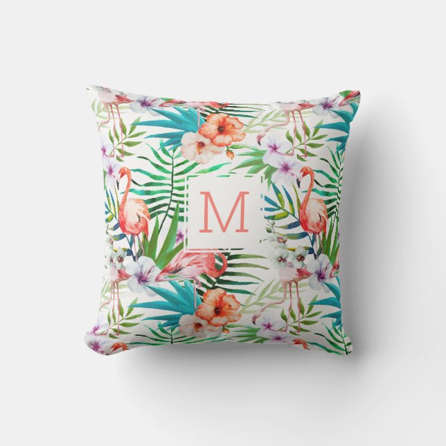 Coussin Monogramme d'oiseaux de Flamant rose tropical joli (Recto)