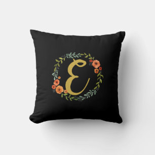 Coussin Monogramme d'or de la couronne de fleurs E initial