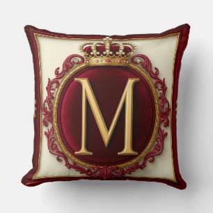 Coussin Monogramme doré majestueux avec couronne sur velou