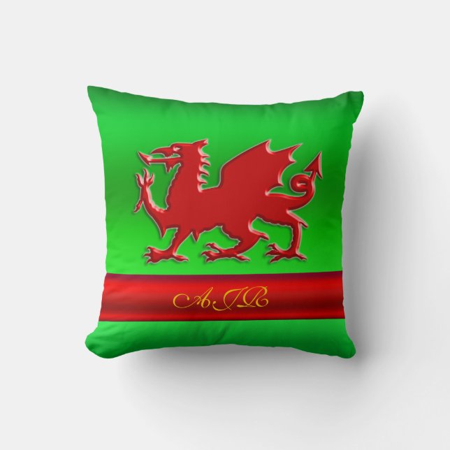 Coussin Monogramme, Dragon rouge sur effet métallique vert (Recto)