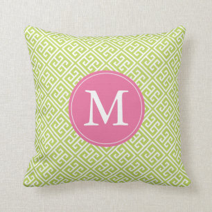 Coussin Monogramme du Motif de la clé grecque rose rose de