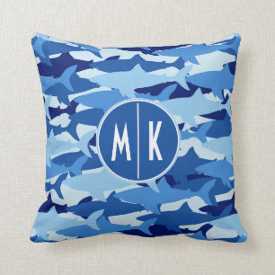 Coussin Monogramme du motif de requin bleu