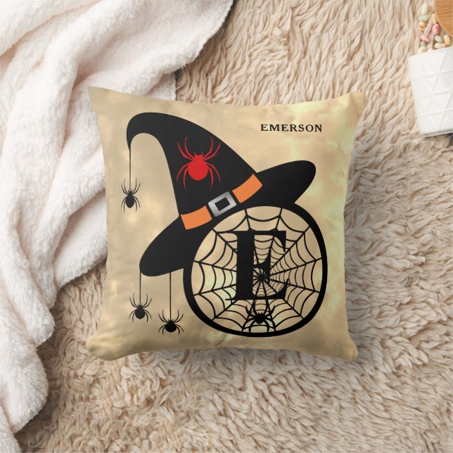 Coussin Monogramme E Halloween Sky Witch Spiders Nom (Couverture)
