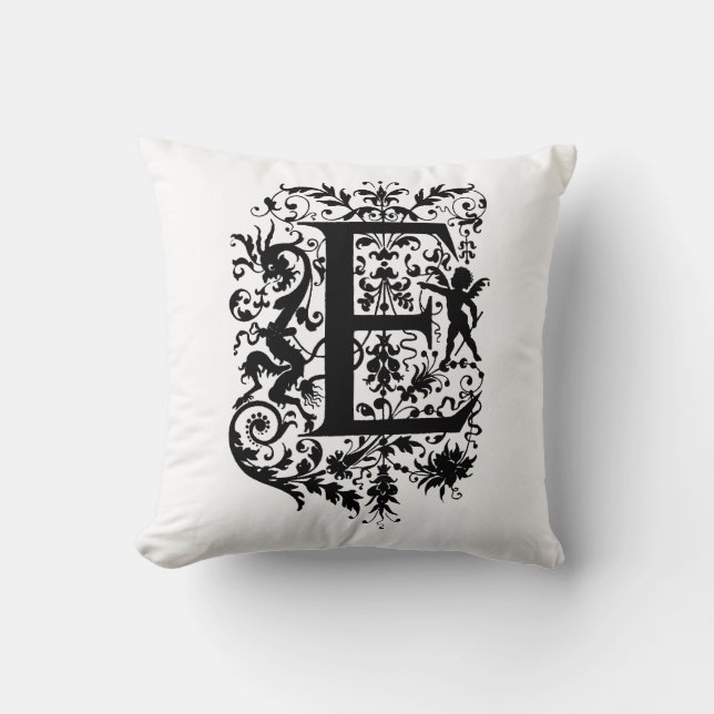 Coussin Monogramme E Modèle floral noir et blanc initial (Recto)