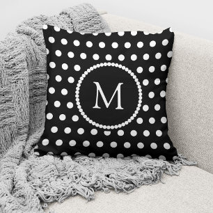 Coussin Monogramme élégant à pois noirs et blancs