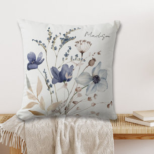Coussin Monogramme Elegant Chic Aquarelle Bleu Flower