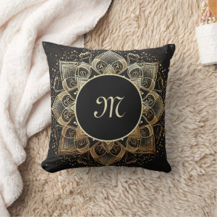 Coussin Monogramme Elegant Gold Mandala sur Noir