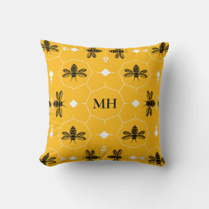 Coussin Monogramme élégant jaune moderne à motif de abeill