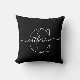 Coussin Monogramme élégant minimaliste noir et blanc en éc