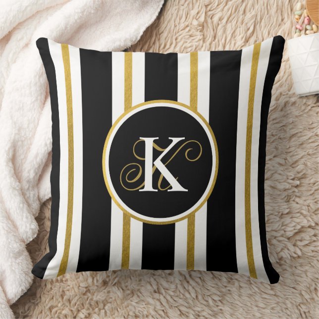 Coussin Monogramme Elégant Noir & Or Personnalisé (Couverture)