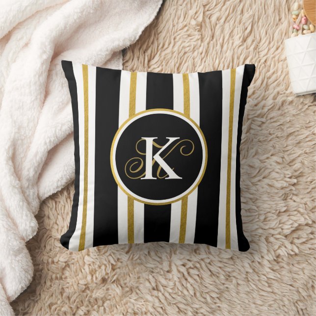 Coussin Monogramme Elégant Noir & Or Personnalisé (Couverture)