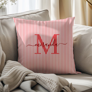 Coussin Monogramme élégant rayures rouges et blanches Nom