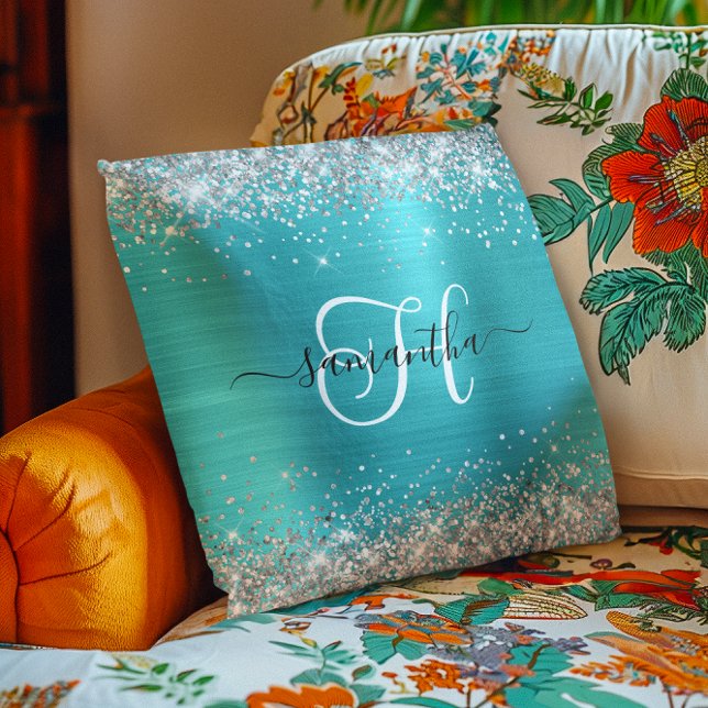 Coussin Monogramme en argent et bleu turquoise (Glittery Silver and Turquoise Blue Monogrammed Throw Pillow)