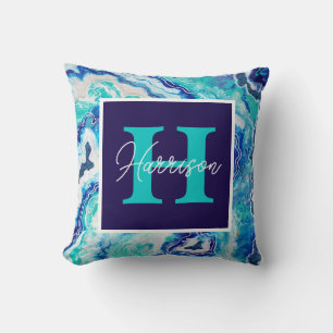 Coussin Monogramme en marbre bleu et turquoise Nom Plage