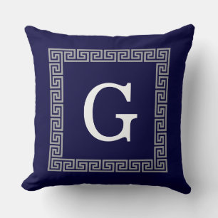 Coussin Monogramme encadré #1 à clé grecque gris foncé ble