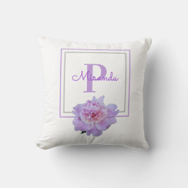 Coussin Monogramme encadré rose pivoine violet
