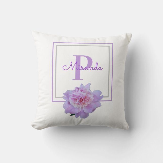 Coussin Monogramme encadré rose pivoine violet (Recto)