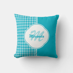 Coussin Monogramme et nom de l'Houndstooth turquoise moder