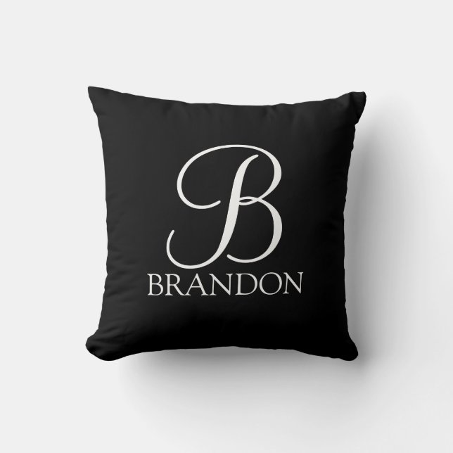 Coussin Monogramme et nom de script personnalisé noir (Recto)