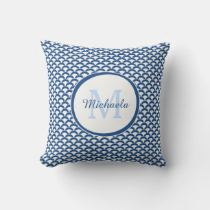Coussin Monogramme et nom des pétoncles bleus et blancs mo