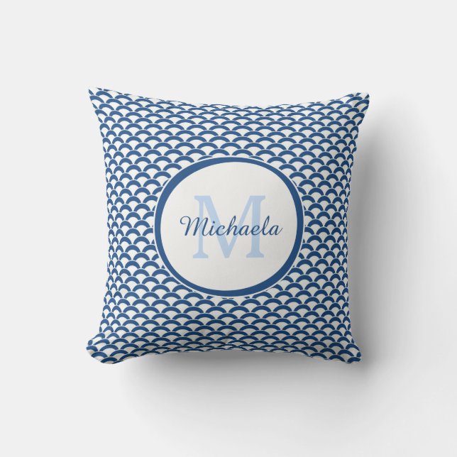 Coussin Monogramme et nom des pétoncles bleus et blancs mo (Recto)