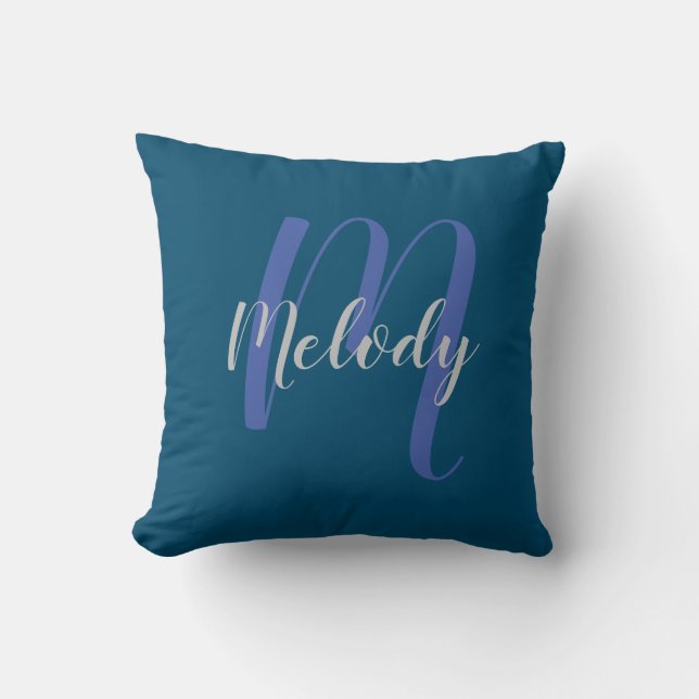 Coussin Monogramme et nom personnalisé moderne Navy Blue (Recto)