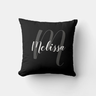 Coussin Monogramme et nom personnalisés noir et blanc