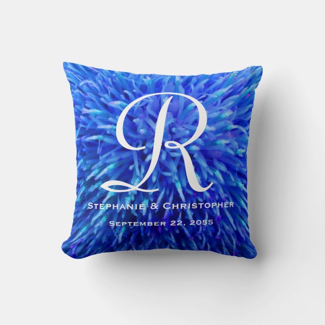 Coussin Monogramme et noms Blue Abstrait Floral Carré (Recto)