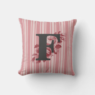 Coussin Monogramme F initial Roses de chou et rayures
