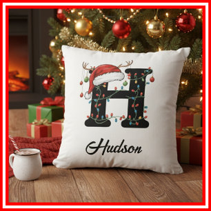 Coussin Monogramme Famille Antlers de Noël Santa Hat