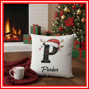 Coussin Monogramme Famille Antlers de Noël Santa Hat