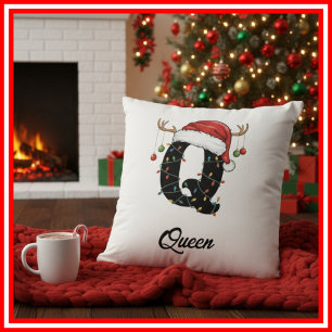 Coussin Monogramme Famille Antlers de Noël Santa Hat