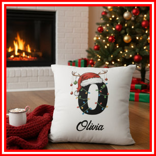 Coussin Monogramme Famille Antlers de Noël Santa Hat