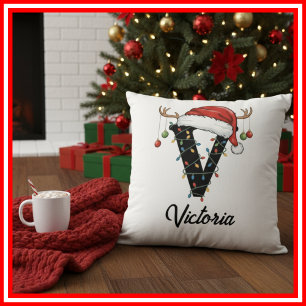 Coussin Monogramme Famille Antlers de Noël Santa Hat