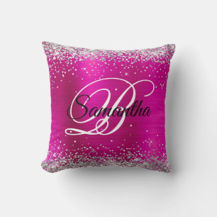 Coussin Monogramme fantaisie argent pailleté rose chaud