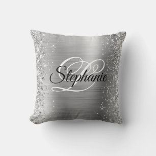 Coussin Monogramme fantaisie pailleté sur fond argenté