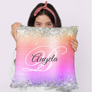 Coussin Monogramme Fantaisie Paillettes Argent Arc-en-ciel