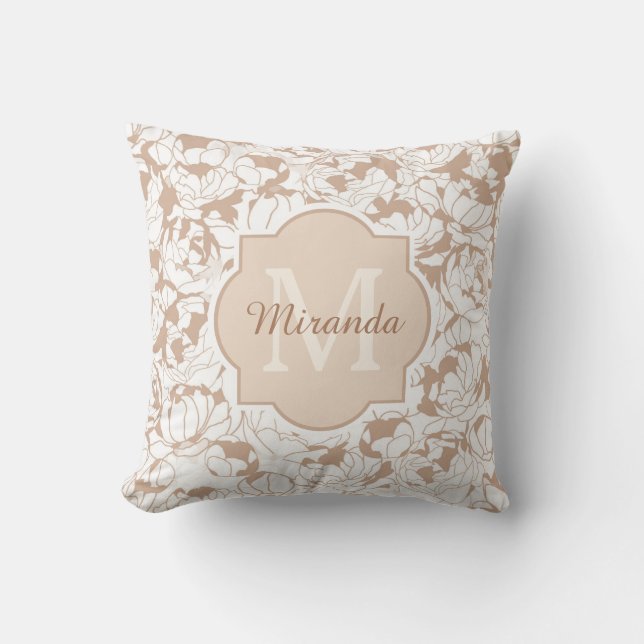 Coussin Monogramme Fille Florale Tan Moderne Avec Nom (Recto)