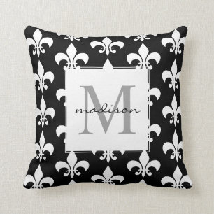 Coussin Monogramme Fleur blanc noir élégant de lis Pattern
