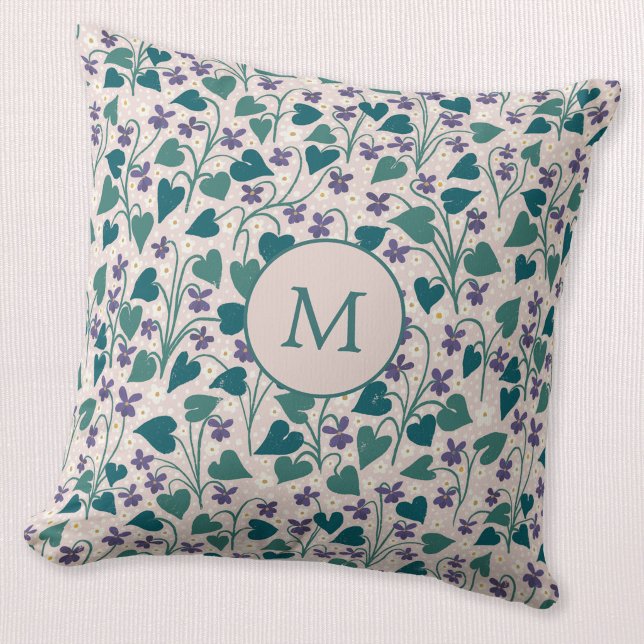 Coussin Monogramme Fleur d'Anémone Violette de Bois Botani (Wood violet anemone flower wildflower monogram initial personalized throw pillow)