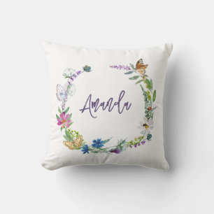 Coussin Monogramme Fleur sauvage aquarelle