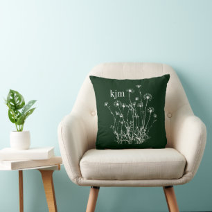 Coussin Monogramme Fleurs Sauvages Vert Foncé & Blanc