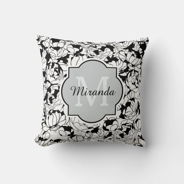 Coussin Monogramme Floral Blanc Noir Moderne Avec Nom (Recto)